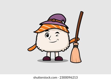 Cute cartoon witch shaped Sushi character with hat and broomstick cute style illustration