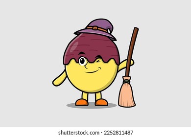 Cute cartoon witch shaped Sweet potato character with hat and broomstick cute style illustration