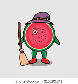Cute cartoon witch shaped watermelon character with hat and broomstick