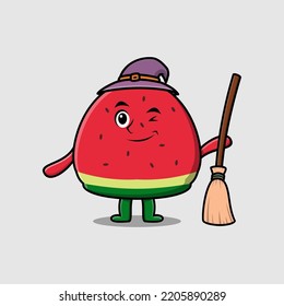 Cute cartoon witch shaped watermelon character with hat and broomstick cute style illustration