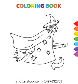 cute cartoon witch sinnting on broom and flying coloring book for kids. black and white vector illustration for coloring book. witch sinnting on broom and flying concept hand drawn illustration