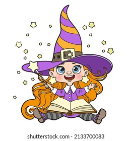 Cute cartoon witch sit on floor with a magic wand color variation for coloring page on white background
