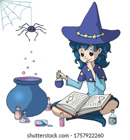 Cute cartoon witch sitting crossed legs near her cauldron, holding a magic potion and reading a spell book. Halloween theme.  Decor element for kids products, T-shirts and greeting cards