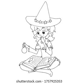 Cute cartoon witch sitting crossed legs, holding a magic potion and reading a spell book. White and black vector illustration for coloring book. Halloween theme.