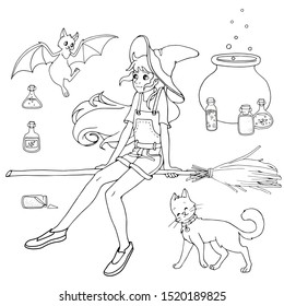 Cute cartoon witch sitting on her broom with her black cat, cute bat and various bottles of potion, magic broom and cauldron. Set of black and white vector illustrations for coloring book.