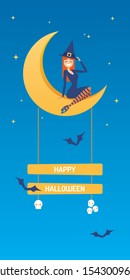 Cute cartoon witch sitting on crescent moon halloween vector banner