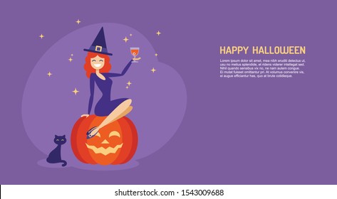 Cute cartoon witch sitting on jack o lantern pumpkin halloween vector banner