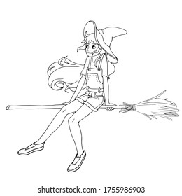 Cute cartoon witch sitting on her broom. Black and white vector illustrations for coloring book. Halloween theme. Modern outfit.