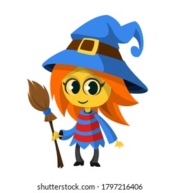 Cute cartoon witch. Vector illustration of Halloween witch with a broom