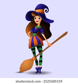 Cute cartoon witch vector illustration. She stands with a broom, wearing a striped Halloween outfit and pointy hat. Perfect for Halloween designs, posters, or greeting cards. 