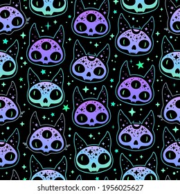 cute cartoon witchcraft cat skull seamless