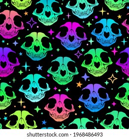 cute cartoon witchcraft cat skull seamless