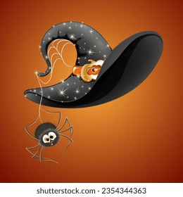 Cute cartoon witches hat with golden pumpkin buckle and orange ribbon, with hanging little spider 