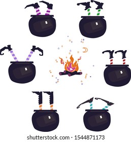 Cute cartoon witches legs in the pot. Flat vector illustrations set with magical fire.
