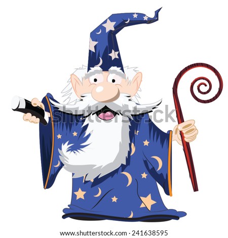 Cute Cartoon Wizard with a cane and a tall hat.