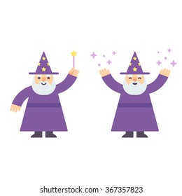 Cute cartoon wizard casting spell with magic wand. Modern flat style vector illustration. 