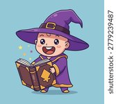 Cute Cartoon Wizard Character with Magical Book Vector Illustration