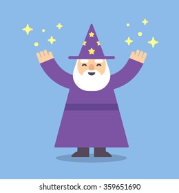 Cute cartoon wizard illustration in modern flat geometric style. 