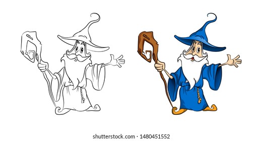 Cute cartoon wizard male character in hat and mantle. Magic medieval spelling sorcerer. Fairy scene. Isolated vector Eps10 illustration.