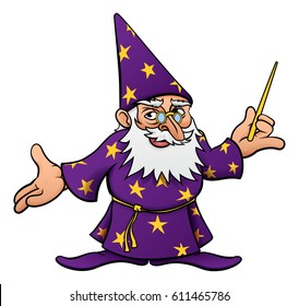 A cute cartoon wizard mascot character holding a wand