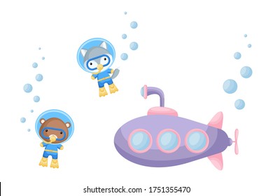 Cute cartoon wolf and bear in diving suit swim underwater near submarine. Design of t-shirt, album, card, invitation. Flat vector illustration isolated on white background.