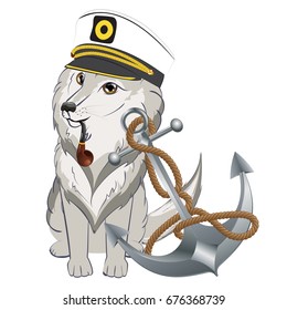 Cute cartoon wolf in captain cap with smoke pipe.