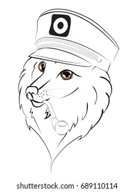 Cute cartoon wolf in captain cap with smoke pipe.