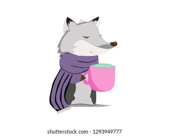 Cute cartoon wolf with cup of tea and a scarf on a white background