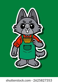 Cute Cartoon Wolf Enjoying Coffee 