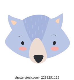 Cute cartoon wolf face. Cute wolf illustration. Hand drawn vector illustration in scandinavian style. Baby print for nursery, baby clothes, poster, postcard.