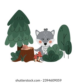 Cute Cartoon Wolf im Wald. Wolf in einer Waldverglasung unter den Bäumen, mit einem Stumpf und einer Schnecke im flachen Stil. Doodle-Handzeichnung.