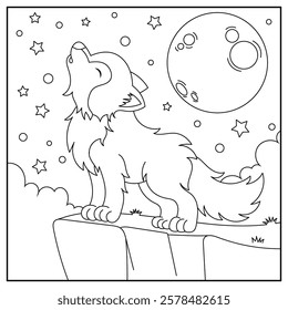 cute cartoon Wolf, funny illustration, coloring book for kids and children.
