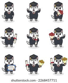 Cute cartoon Wolf in graduate hat on white background. Vector Set of Cute Graduation Themed Wolf . Illustration symbol mascot character animal. Design flat cartoon.