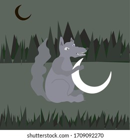 Cute Cartoon Wolf. Gray Wolf In The Forest. Vector Illustration. Stolen Moon In Animal's Hands