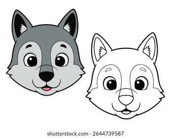 Cute cartoon wolf head illustration, with one colored gray version and one black and wh