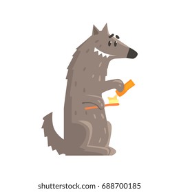 Cute cartoon wolf holding a toothbrush and a toothpaste colorful character, animal grooming vector Illustration