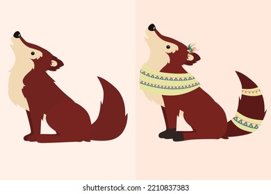 Cute Cartoon Wolf. Howl Doggy. Brown Puppy. Ethnic Pattern