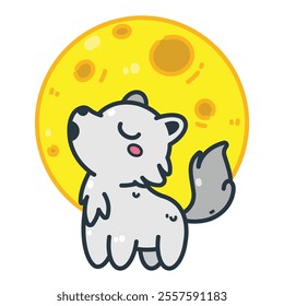 A cute cartoon wolf howling at the full moon isolated on a white background in a flat color style. Vector illustration suitable for kids' design, t-shirts, decor, and jungle theme projects.