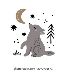 Cute Cartoon Wolf Howls At The Moon Vector Illustration. Howling Wolf Print. Hand Drawn Woodland Animal, Tree, Moon, Night Sky And Stars