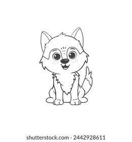 Cute cartoon wolf isolated on white. Cartoon character, wolf cub.  Coloring page. Vector illustration
