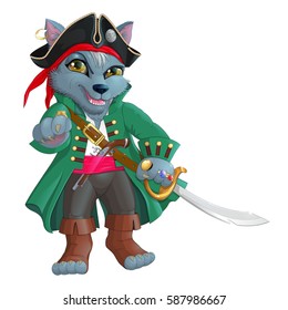 Cute cartoon wolf pirate captain with a sword in one hand, and the other indicates away isolated on white background