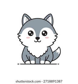 Cute cartoon wolf sitting front-facing, kawaii flat vector illustration with soft colors and simple lines, isolated, ideal for children’s content, stickers, branding, and playful designs