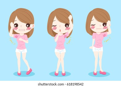 cute cartoon woman with armpit problem on blue background