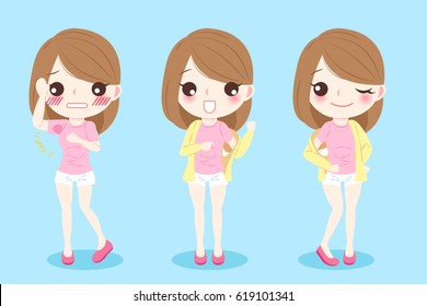 cute cartoon woman with armpit problem on blue background