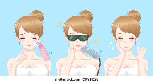 cute cartoon woman with beard problem on the blue background