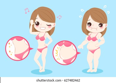 cute cartoon woman with belly liposuction before and after