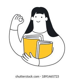 Cute cartoon woman with books showing OK sign gesture. Learning, study, self-education concept. Flat clean line elegant vector illustration on white