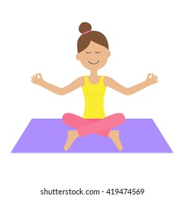 Cute cartoon woman character sitting in lotus pose. Young girl do yoga. Healthy lifestyle. Fitness clothes. Yoga pad. Relax exercises. Meditating. Isolated. White background. Flat design. Vector