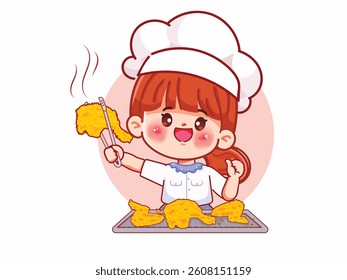 Cute cartoon woman with Crispy Fried Chicken for logo cartoon. Street food Thailand Logo design premium vector.