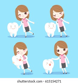 cute cartoon woman dentist with tooth on blue background
